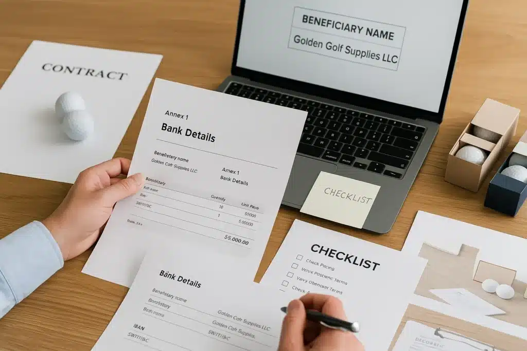 Golf balls beside contract and bank details for OEM export wholesale order