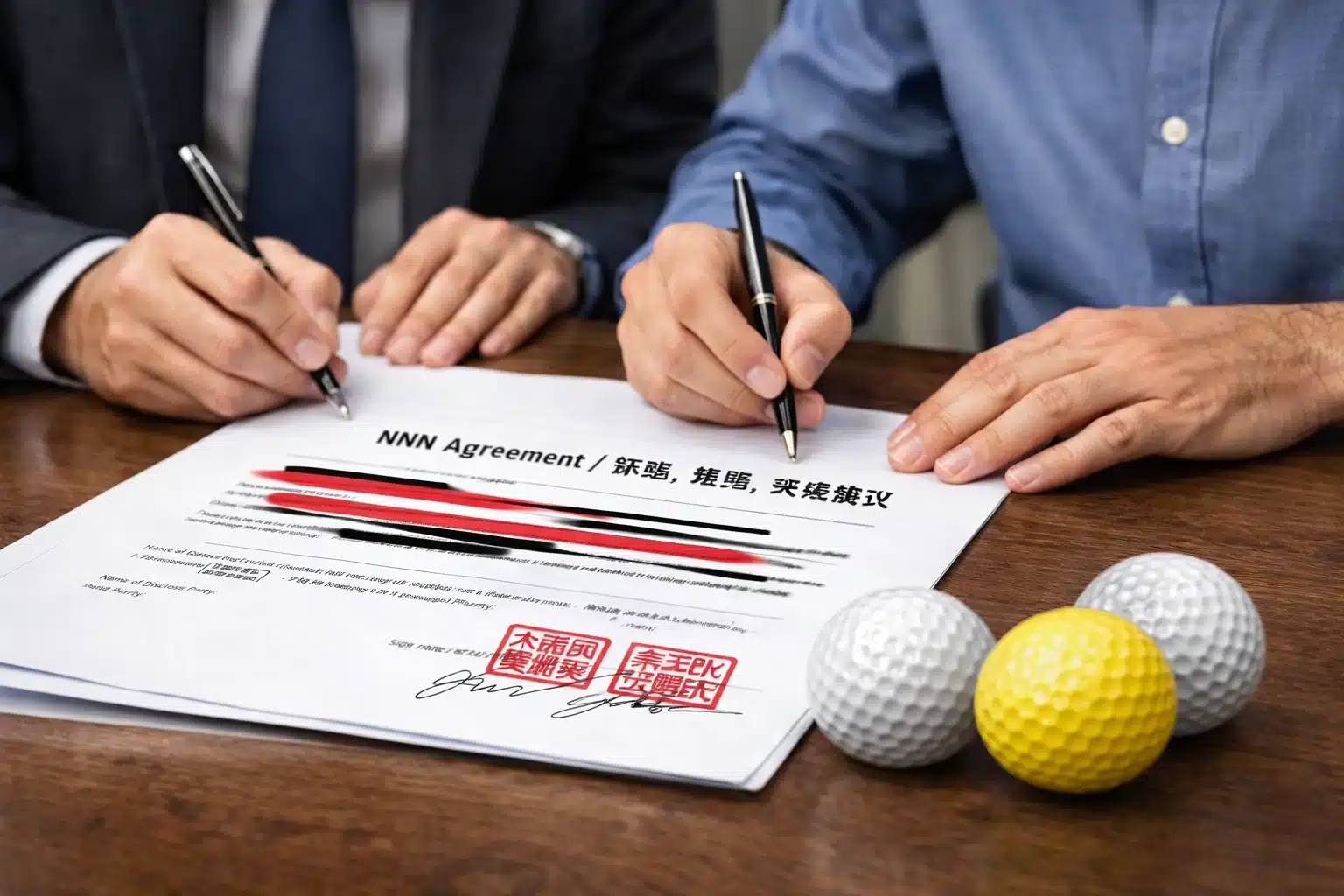 Golf Balls OEM Agreement Golf balls beside OEM contract signing for wholesale export procurement