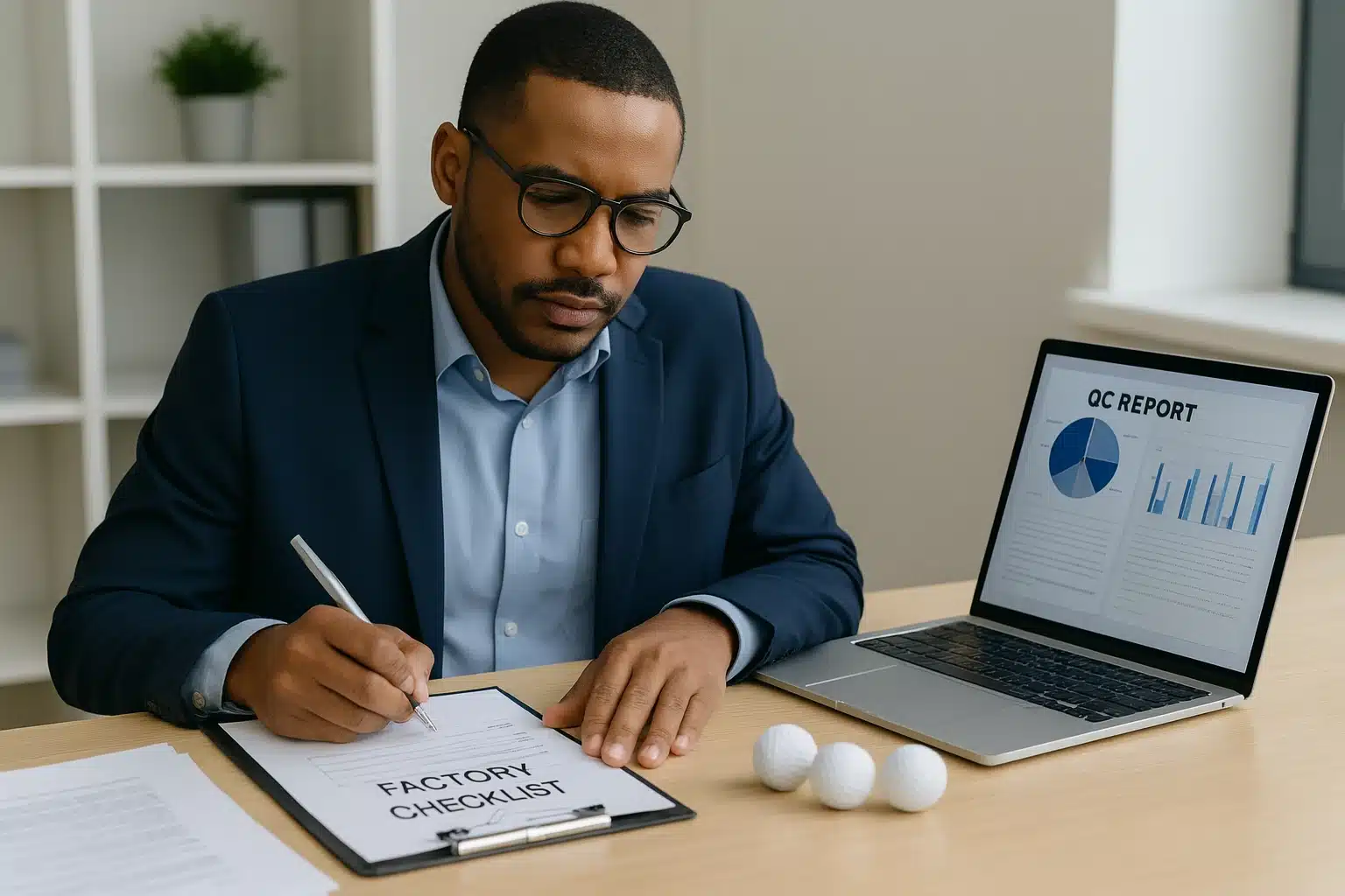 golf balls factory quality control Buyer reviewing OEM golf balls factory checklist with QC report for export quality control