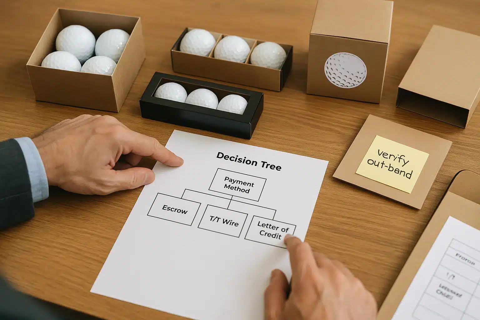 Golf Balls OEM Export Custom golf balls in gift boxes beside payment decision sheet for OEM export wholesale