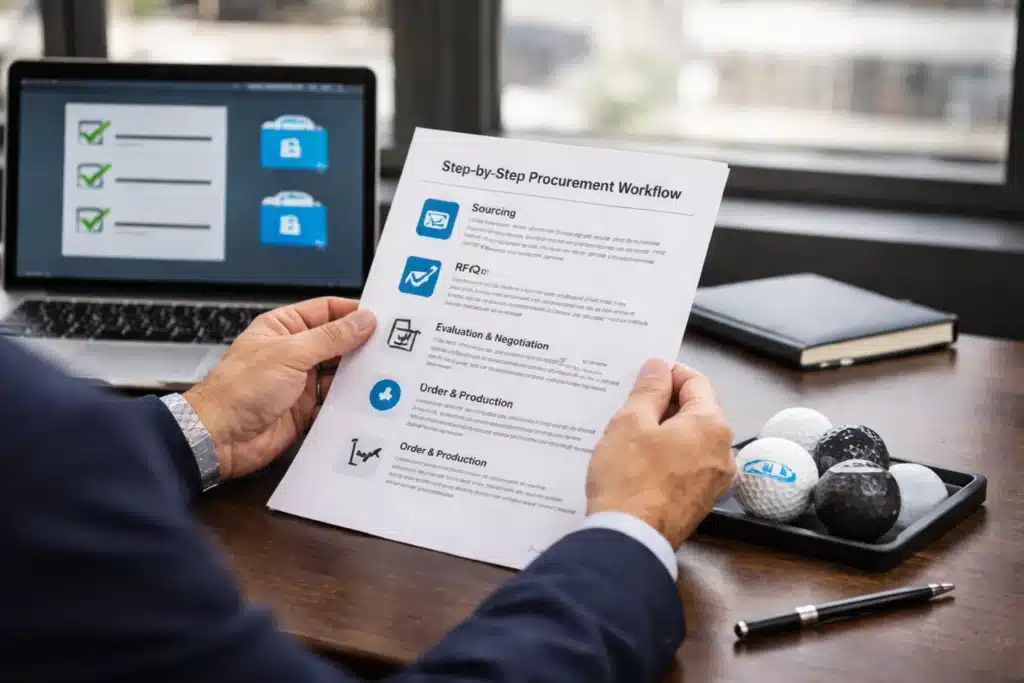 Buyer reviews procurement workflow with OEM golf balls for wholesale bulk orders