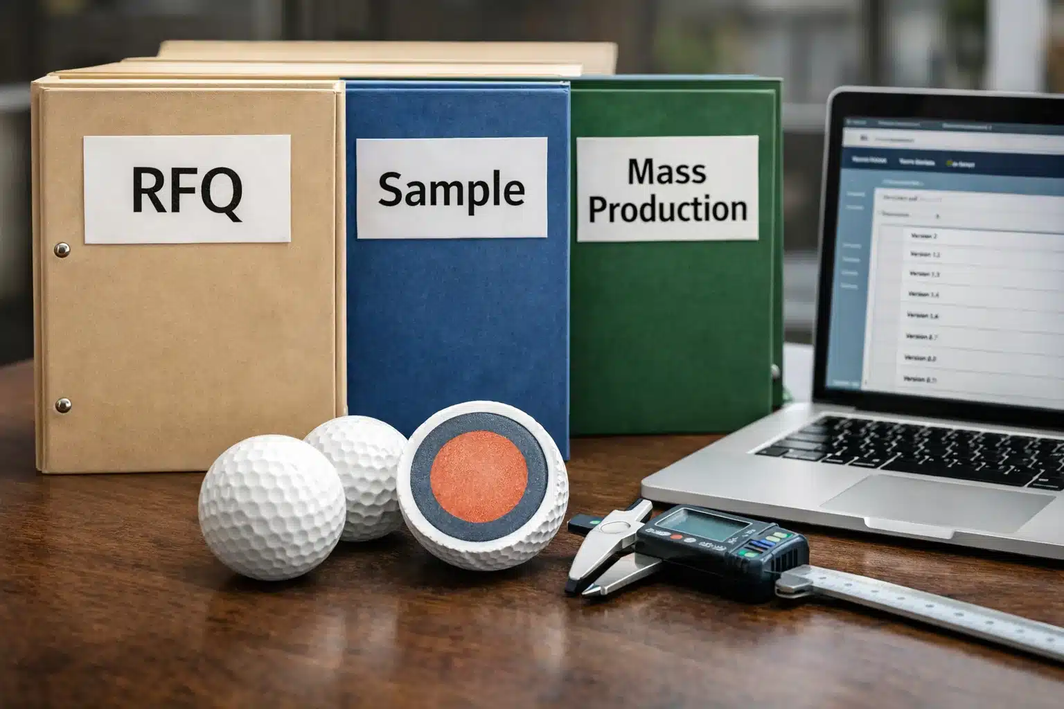 Golf Balls OEM Quality Control Golf ball RFQ samples with caliper for OEM quality control and wholesale sourcing