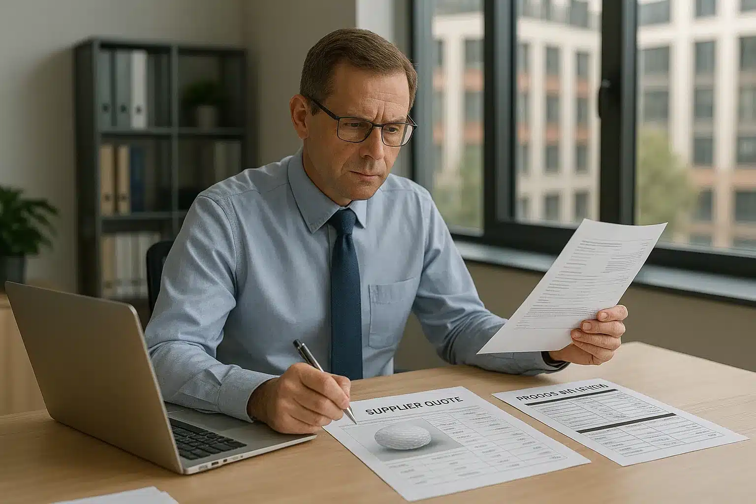 golf ball OEM quotation Purchasing manager reviewing custom golf ball supplier quote and product specification for OEM wholesale order