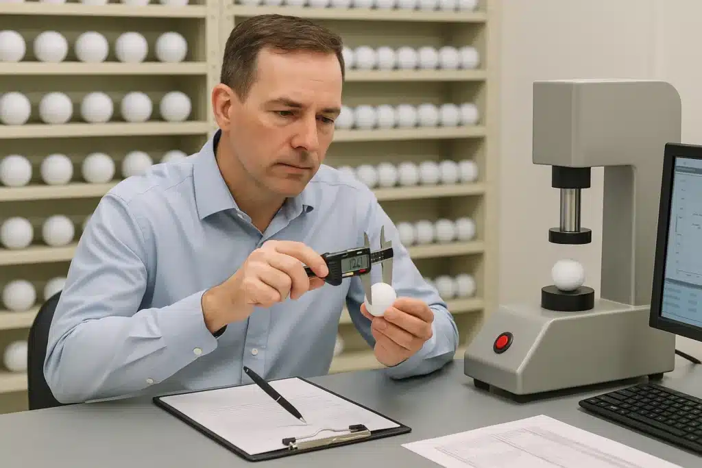 Technician measuring OEM golf ball in factory lab for quality control and export buyers