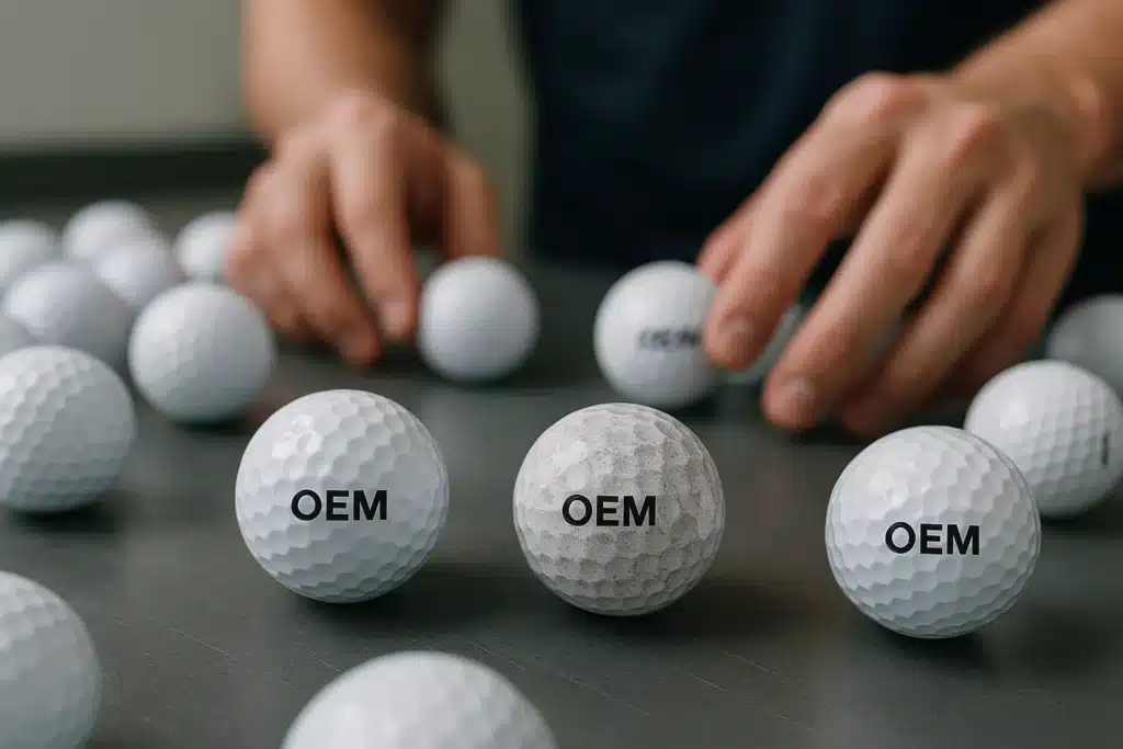 OEM golf balls checked by manufacturer staff for quality control before bulk orders