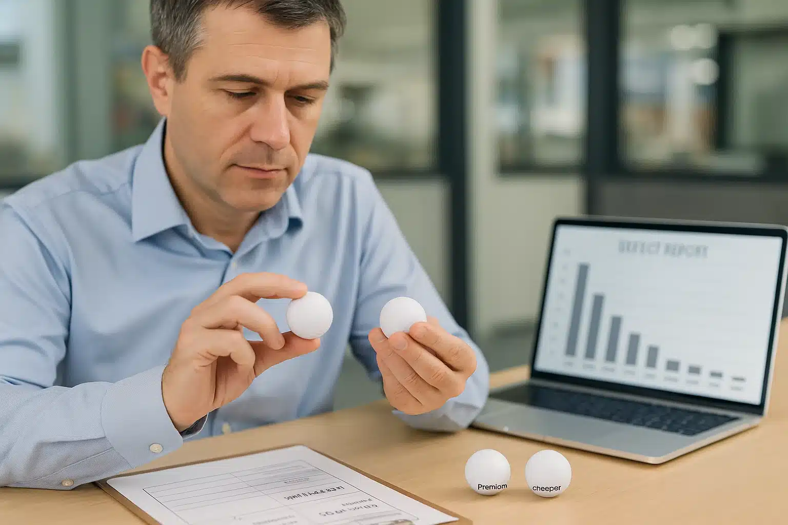 OEM golf balls wholesale review Buyer comparing OEM golf balls with defect report for wholesale quality control in office