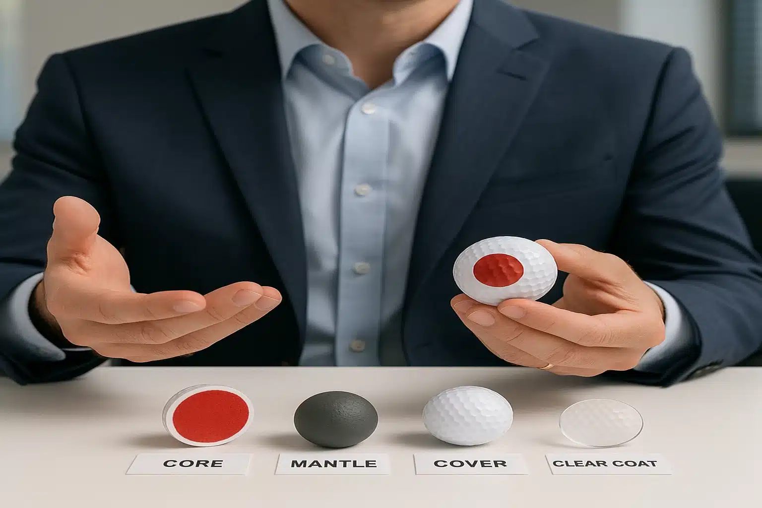 OEM multilayer golf ball demo custom OEM multilayer golf ball cross-section shown by manufacturer in technical meeting for B2B buyers