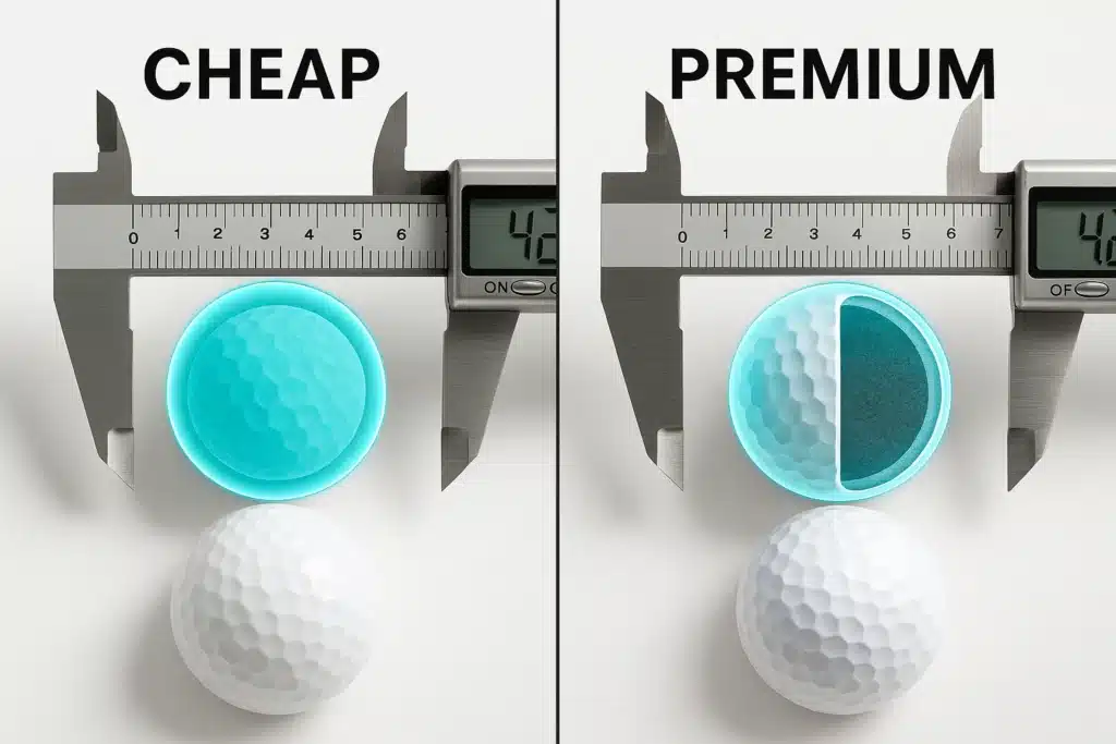 OEM premium golf balls cross-section measured with caliper for manufacturer quality control comparison