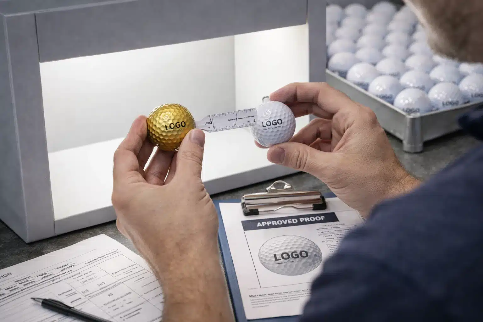 Golf Balls OEM QC Inspector measuring custom logo golf balls for OEM quality control and wholesale orders