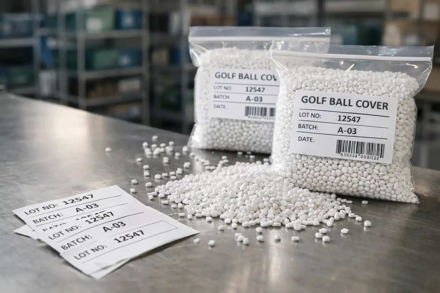 Golf Ball Cover OEM Golf ball cover resin pellets in labeled bags on factory table for OEM quality control