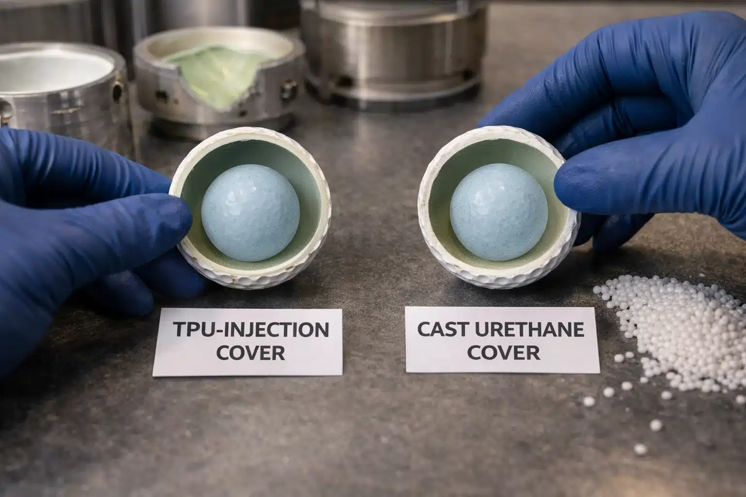 OEM Golf Ball Cover Comparison Golf ball cover comparison in lab, OEM manufacturer quality control for B2B buyers