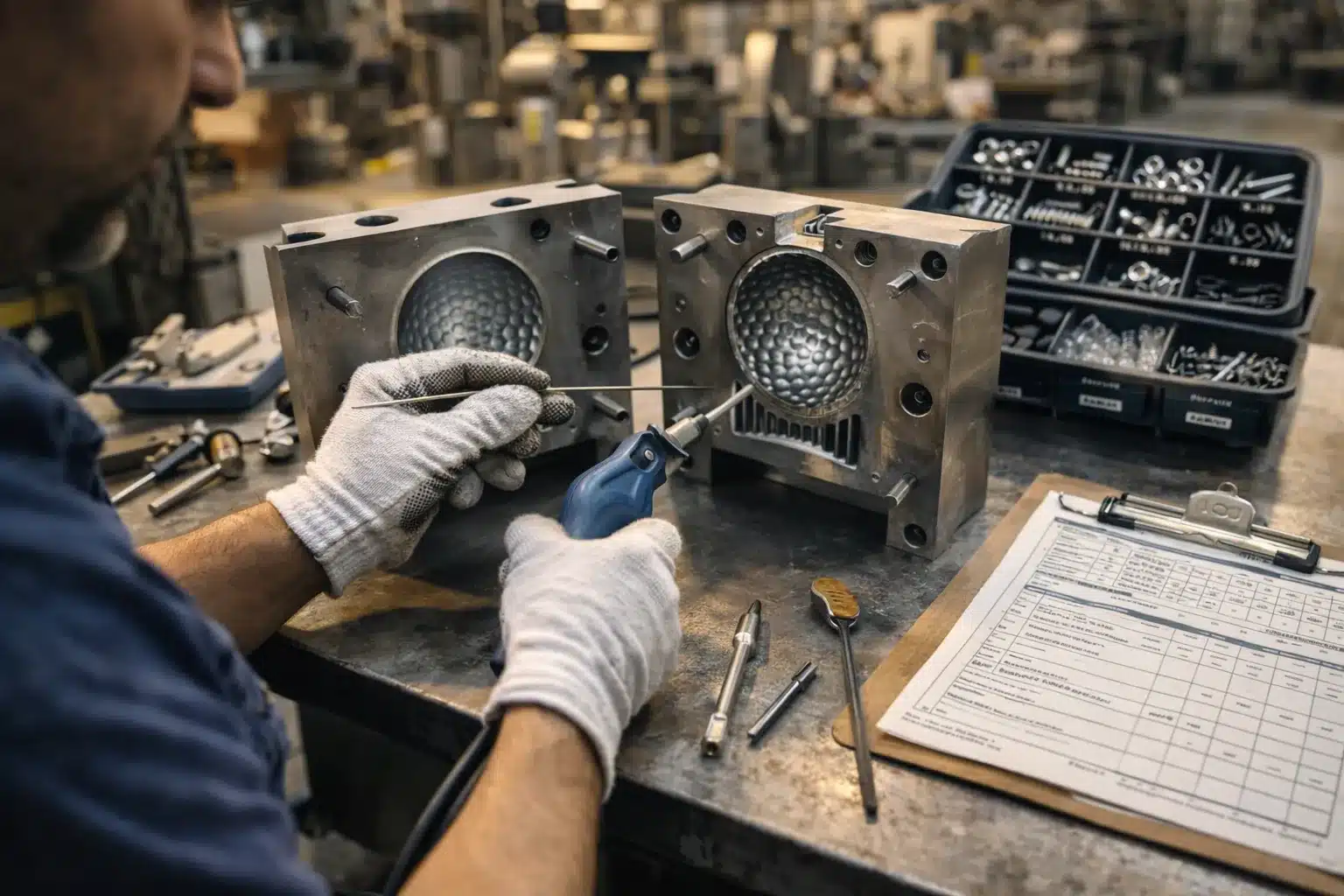 Golf Ball Mold OEM golf ball mold maintenance on workbench for OEM manufacturer quality control