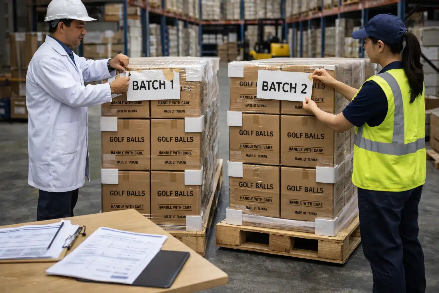 Golf Balls OEM Export Palletized golf balls labeled by batch for OEM export quality control in warehouse