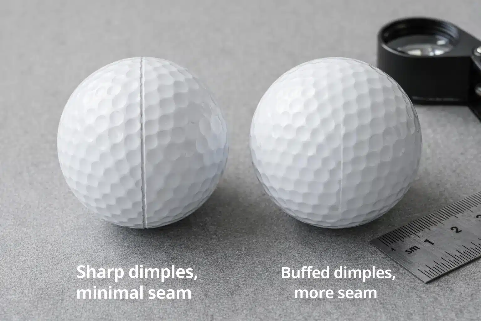 Golf Balls OEM QC Two golf balls compare sharp dimples and seam finish for OEM quality control