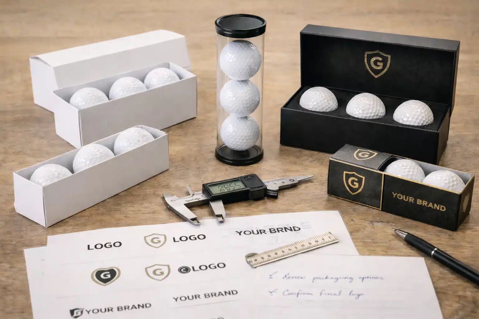 Golf Balls Custom Packaging Custom branded golf balls in gift boxes for wholesale buyers reviewing packaging