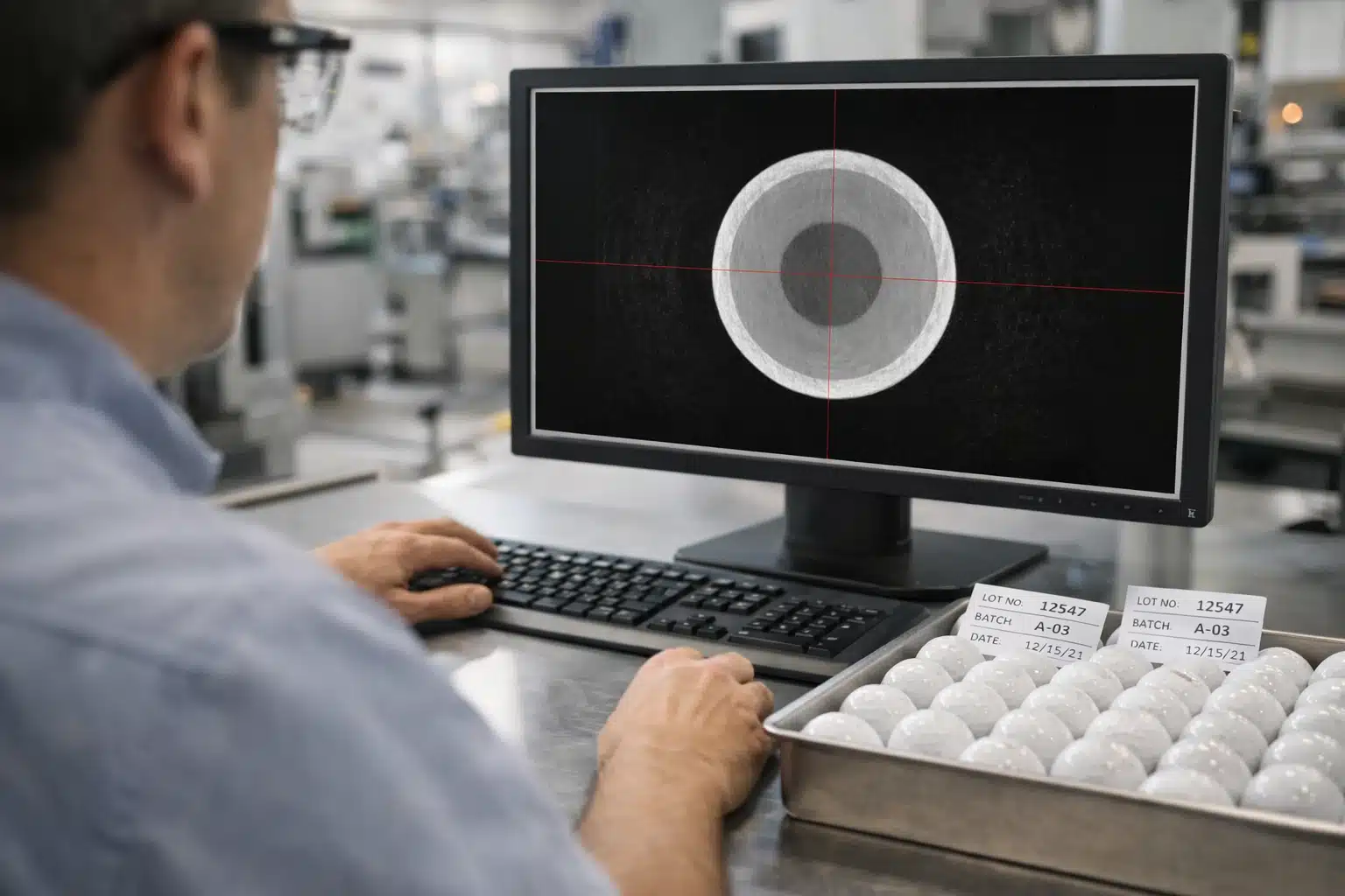 Golf Balls OEM Inspection Golf balls inspected on monitor in factory lab for OEM export quality control