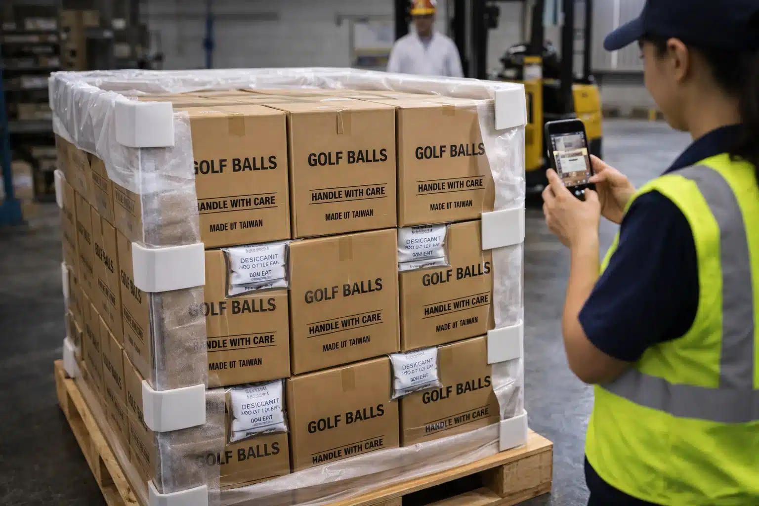 Golf balls bulk export Palletized golf balls cartons for bulk export, quality control scan in warehouse