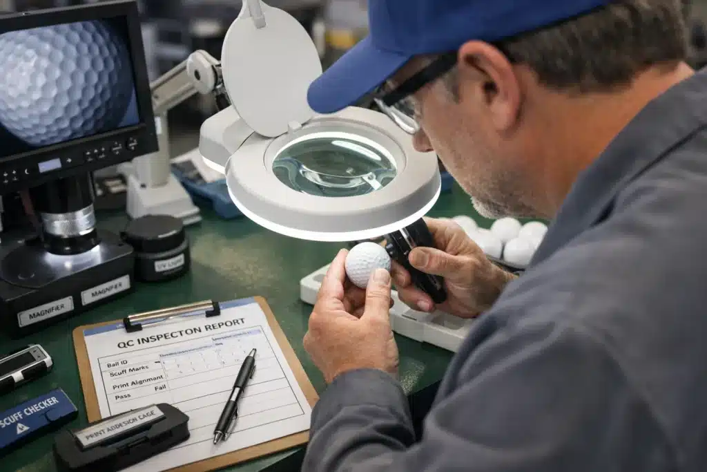 Golf ball quality control inspection under magnifier for OEM wholesale buyers