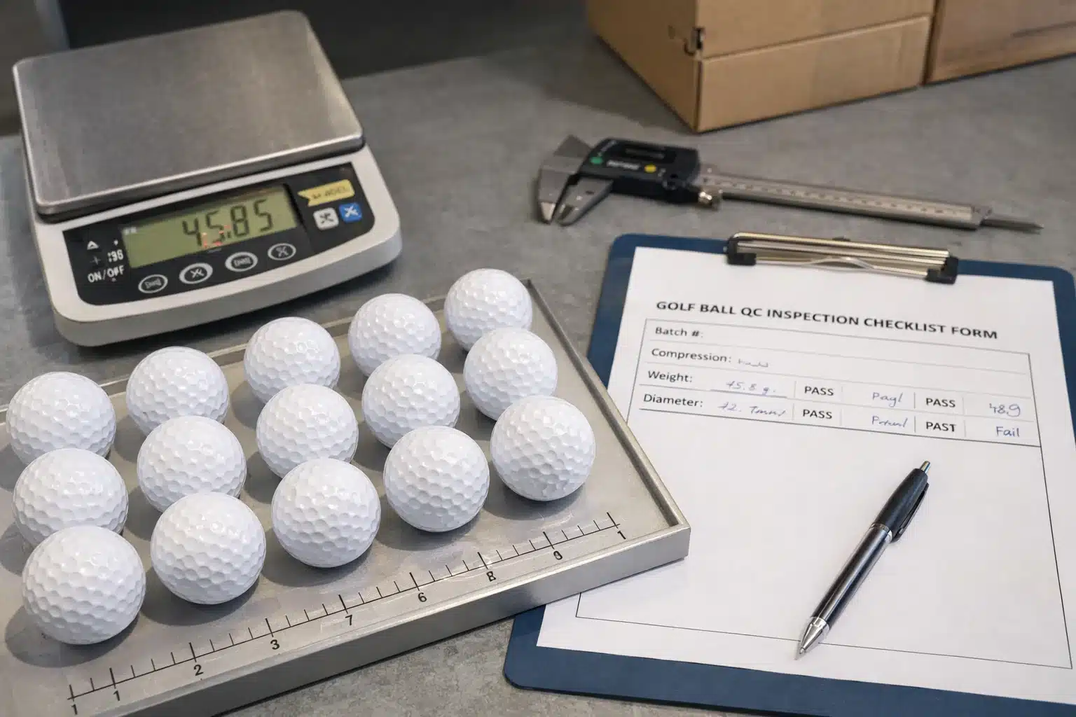 Golf Balls OEM QC Golf balls weighed on scale during quality control for OEM wholesale orders