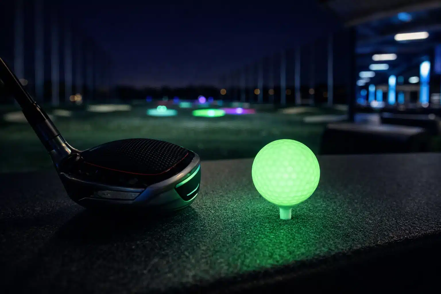 glow golf ball events glow golf ball on tee beside driver for events and golf training