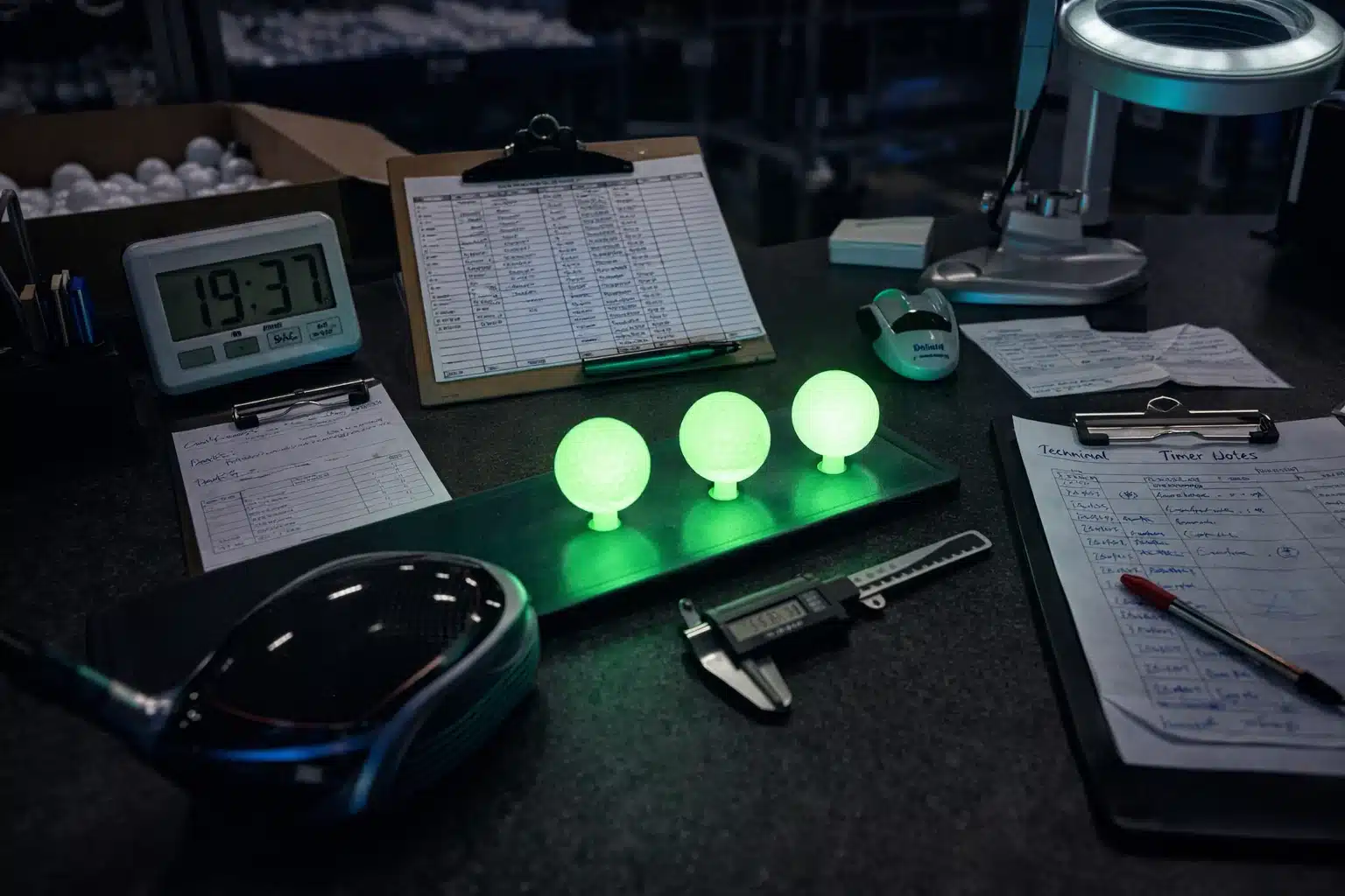 glow golf balls quality control glow golf balls on testing tray with caliper for manufacturer quality control