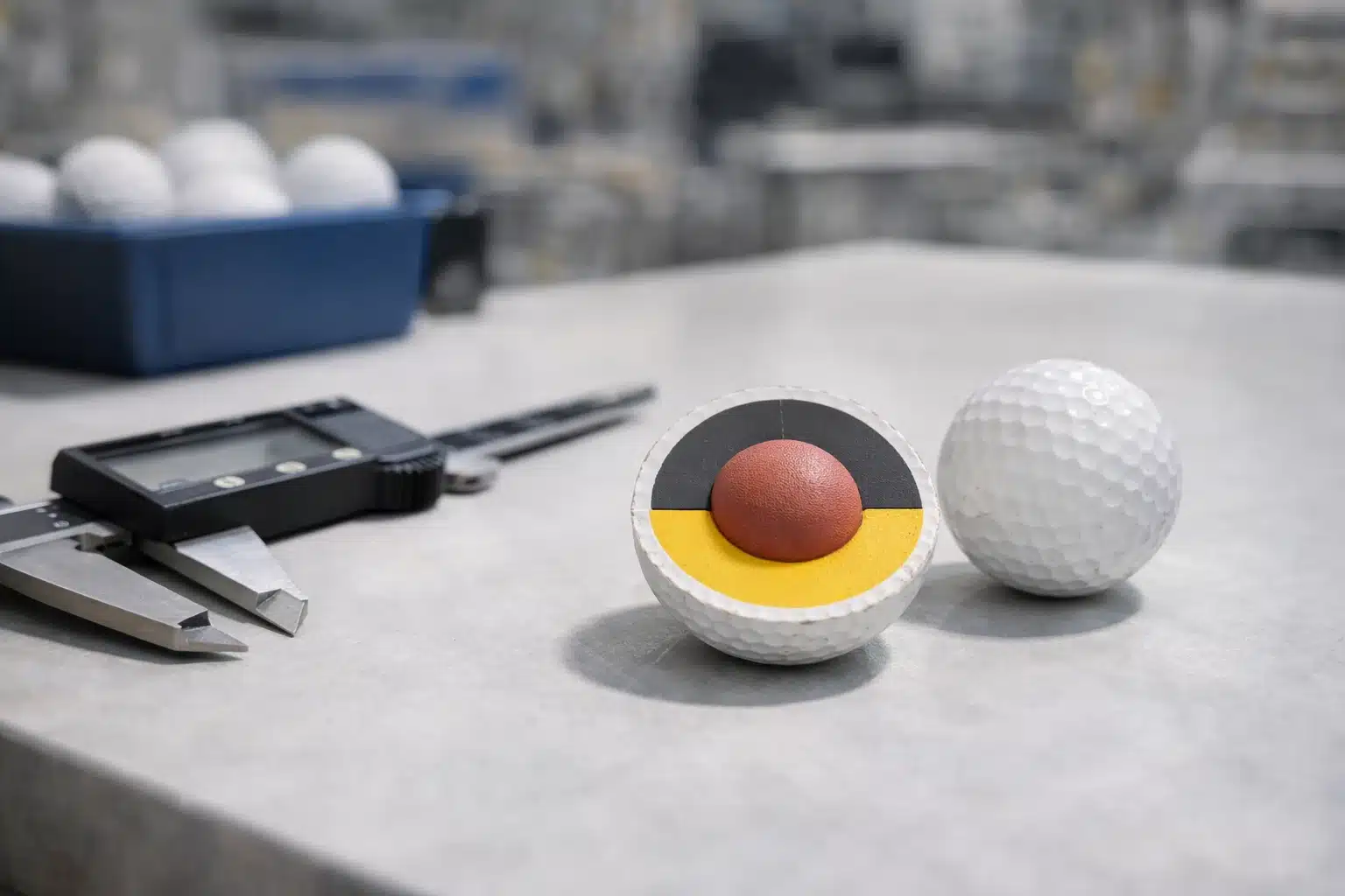 OEM golf ball testing Golf ball cross section with caliper in factory quality control for OEM manufacturer