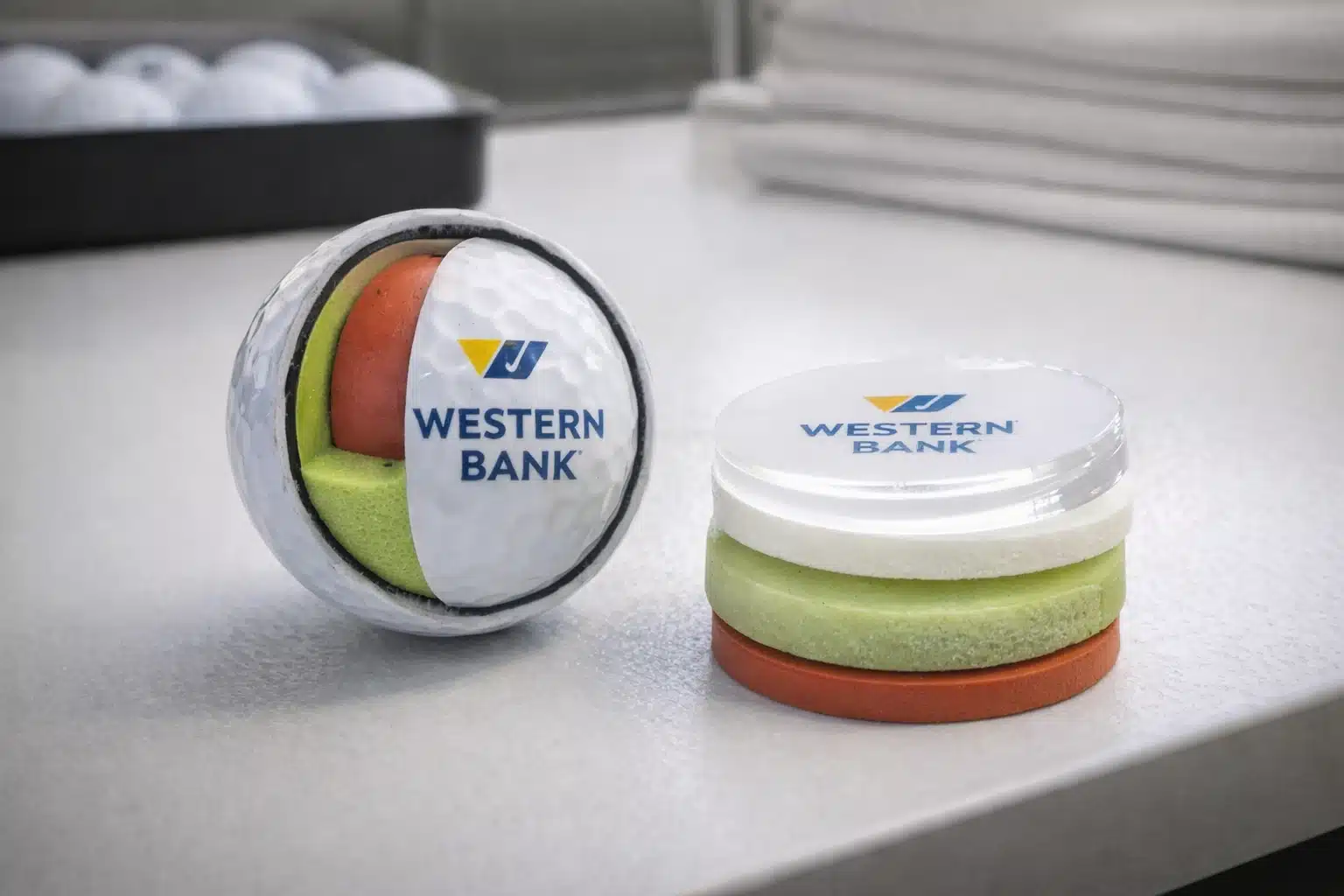 branded golf ball cutaway cutaway branded golf ball layers on lab table for printed corporate gifts