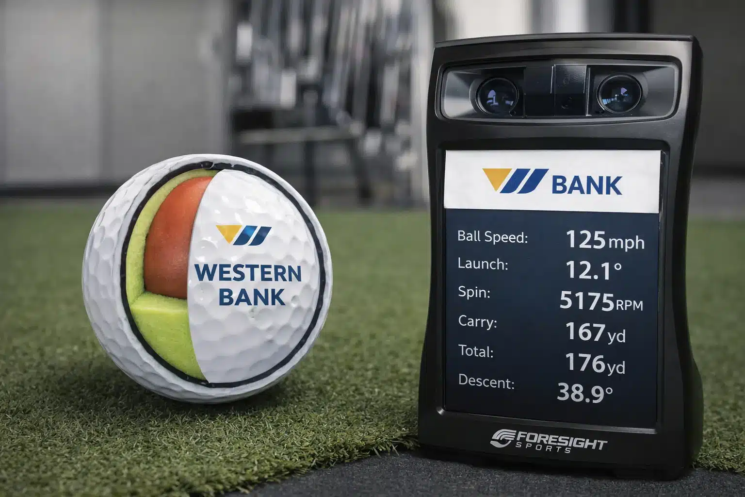 branded golf ball testing branded cutaway golf ball beside launch monitor for golf training evaluation