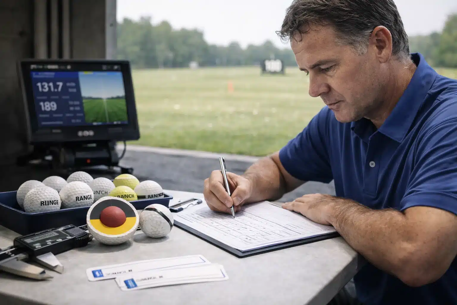 Golf ball OEM testing Golf balls under quality control testing with launch monitor for OEM manufacturer