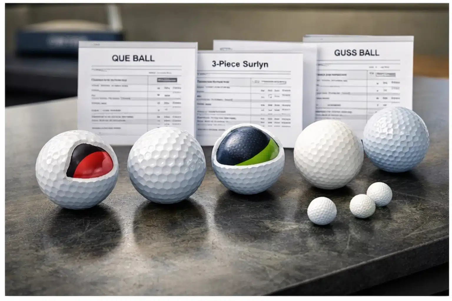 Golf ball OEM layers Cutaway golf balls with layer specs for OEM manufacturer comparison
