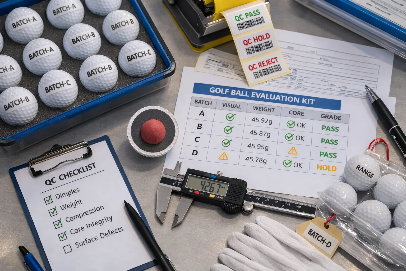 Golf ball quality control Golf ball QC inspection kit with batch samples and caliper for OEM manufacturer