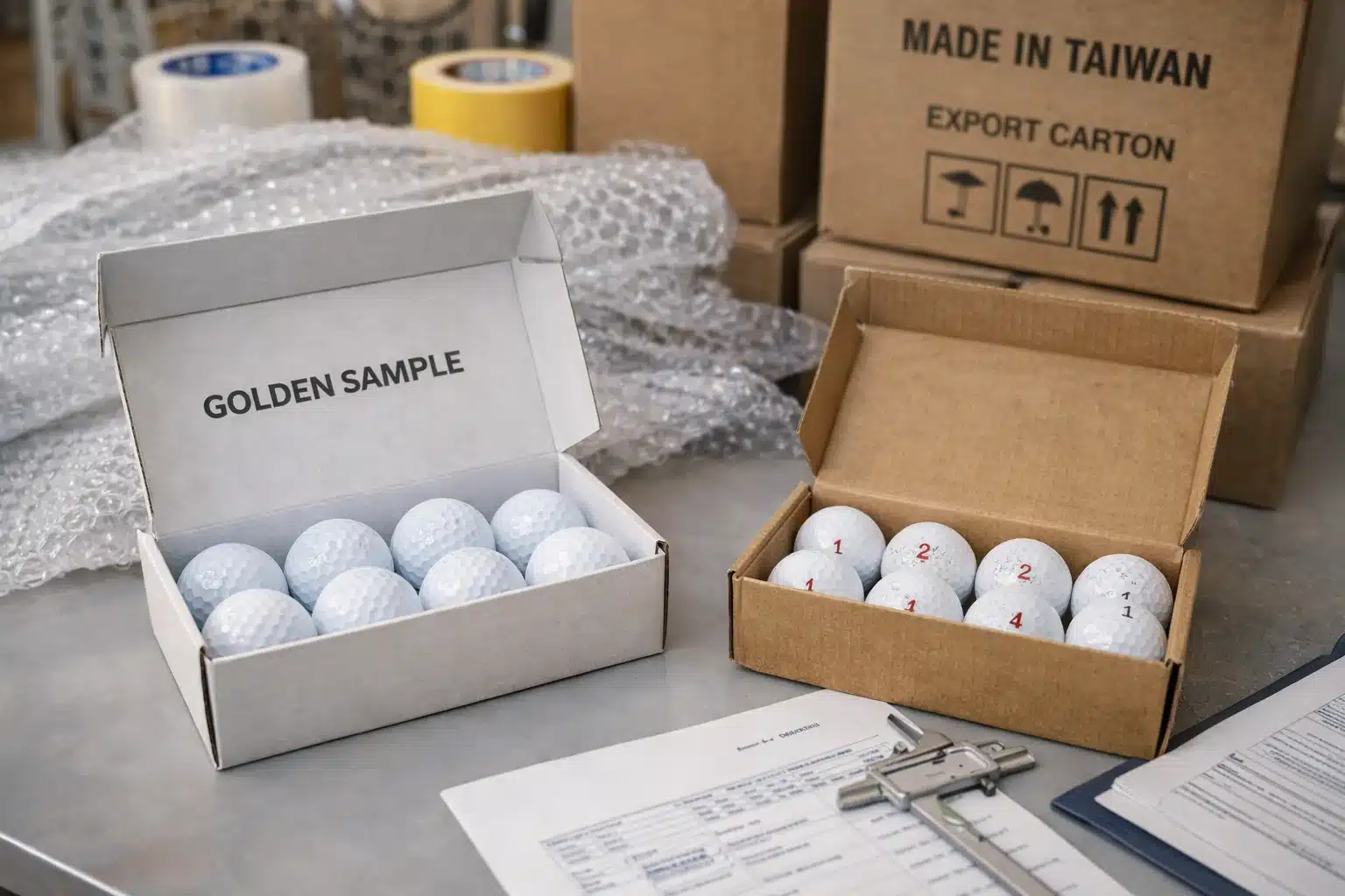Golf Ball Sample OEM golf ball sample boxes on packing table with export cartons and OEM golf packaging