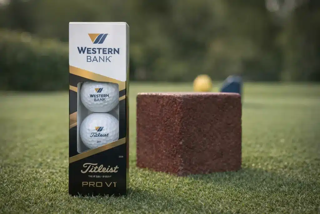 branded golf ball sleeve on grass for corporate gifts and printed packaging