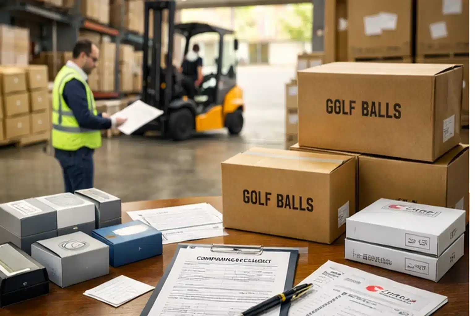 Golf ball bulk export Golf ball cartons in warehouse with export documents for bulk wholesale orders
