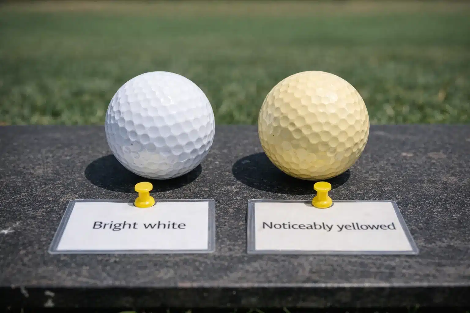golf balls quality control white and yellowed golf balls in quality control comparison for OEM manufacturing