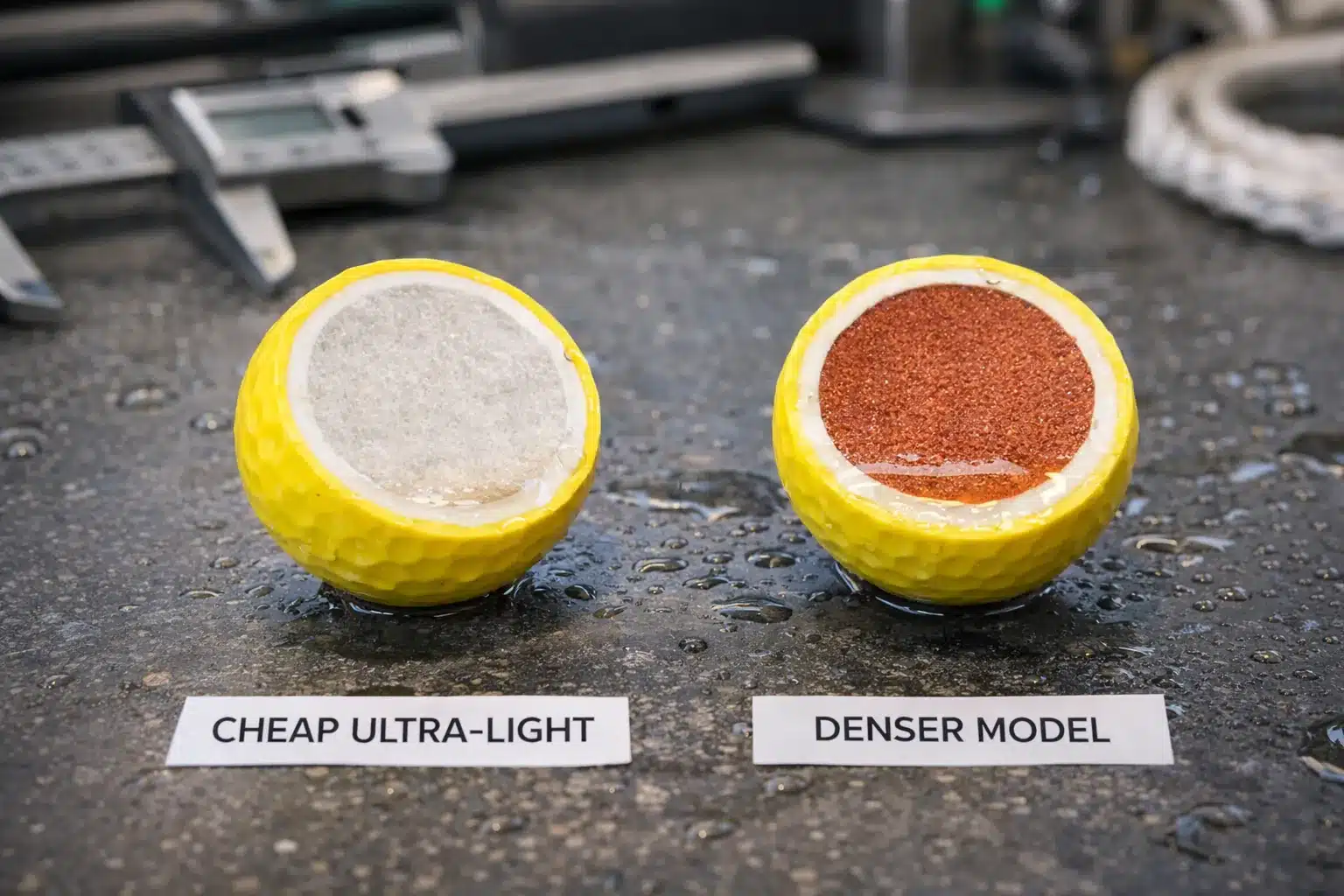 golf balls quality control cutaway golf balls in quality control test comparing ultra-light and dense OEM cores