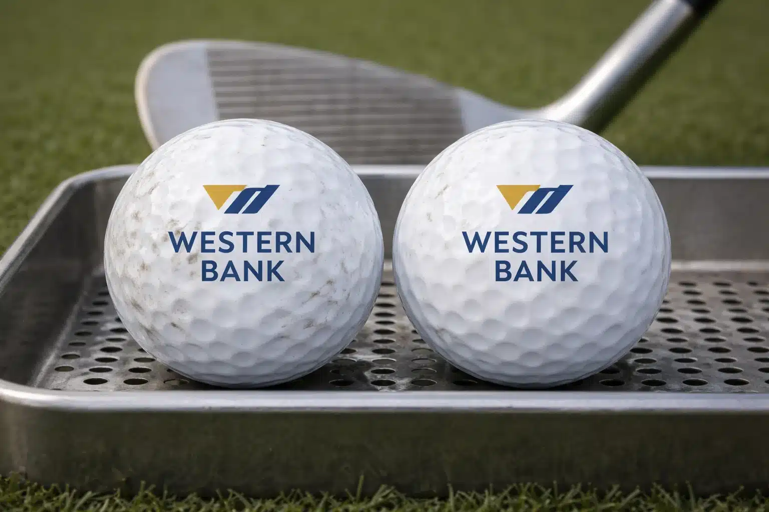 branded golf balls branded golf balls on metal tray beside wedge for corporate gifts