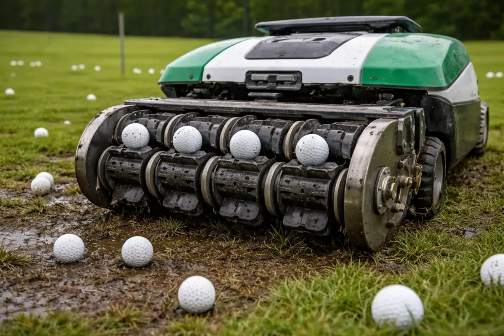 golf balls with range picker machine on muddy driving range for golf training