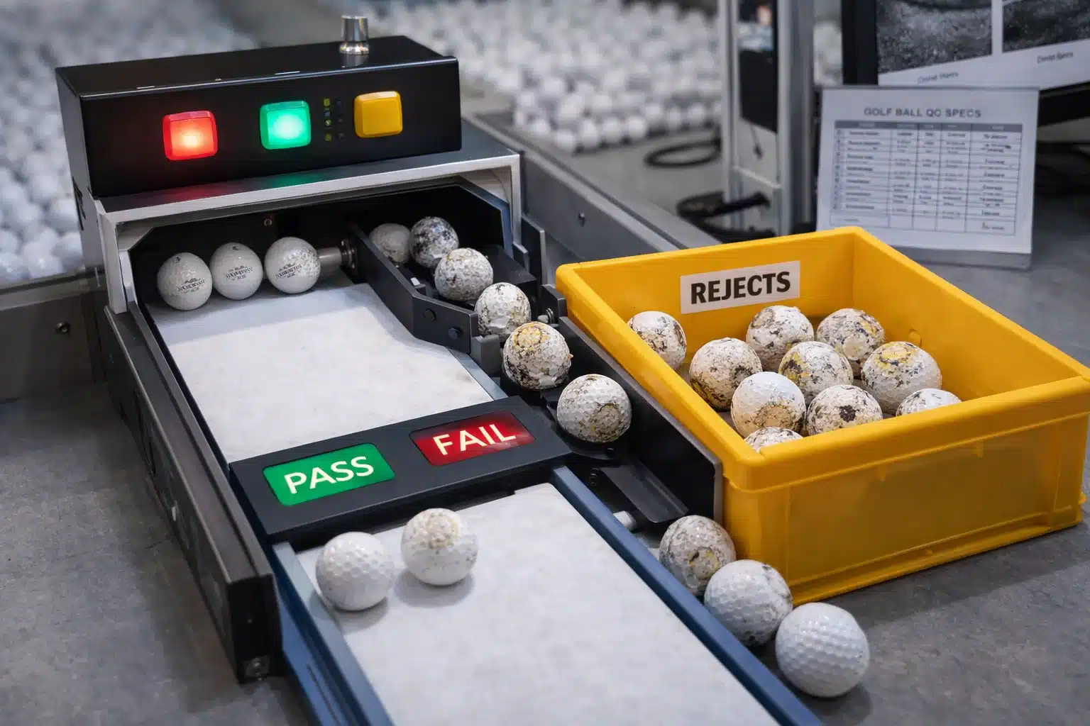 golf balls quality control golf balls on sorting machine with reject bin for manufacturer quality control
