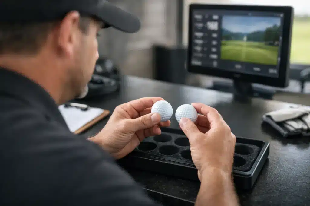 golf balls inspected at testing desk with screen for manufacturer quality control