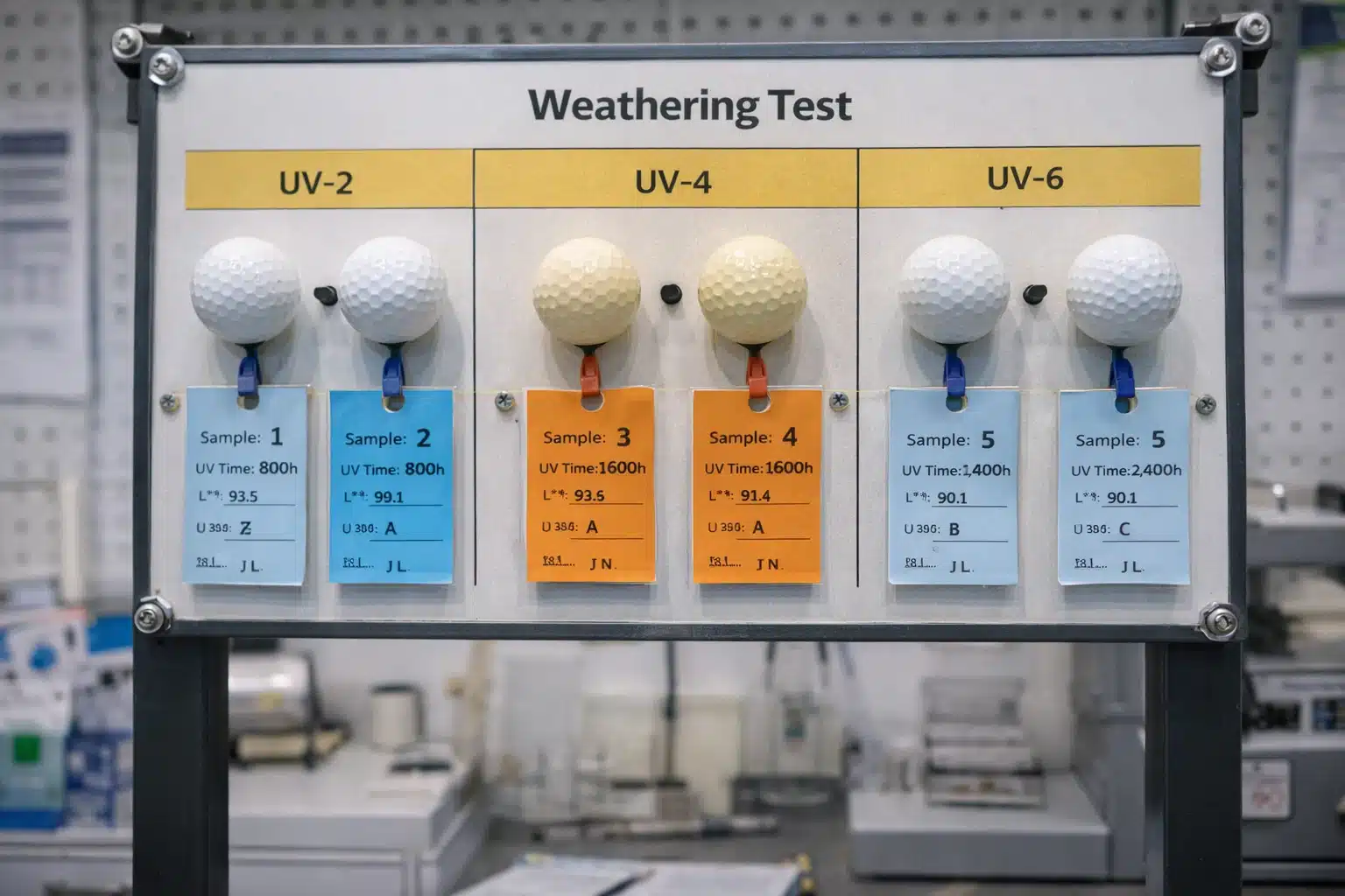 golf balls quality control golf balls on UV weathering test board for quality control and OEM manufacturing