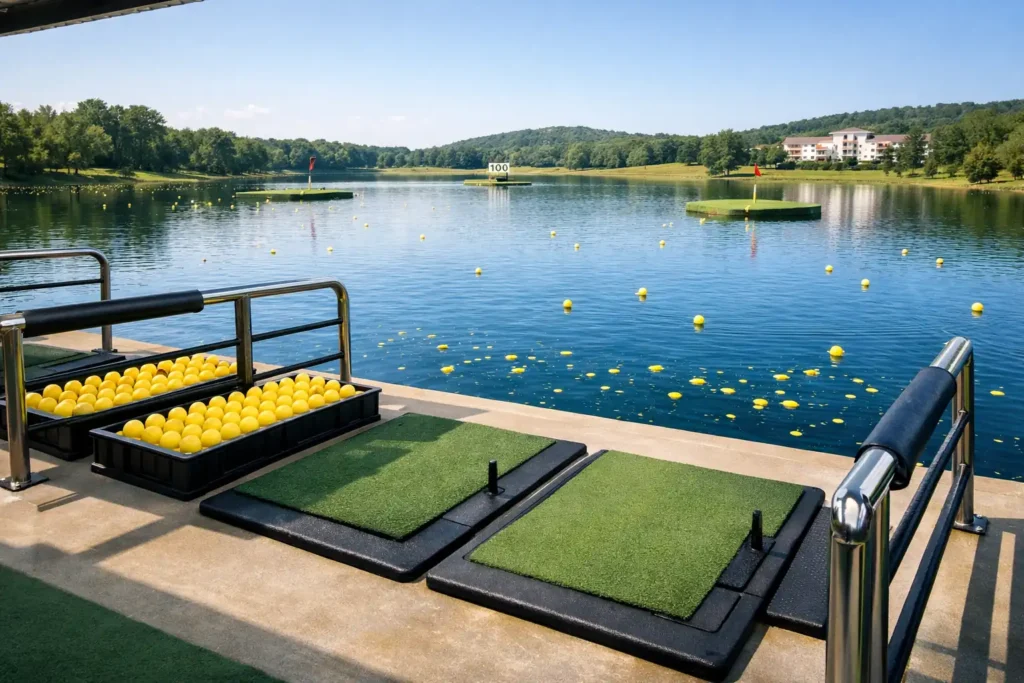 yellow practice golf balls at water driving range for golf training and wholesale supply