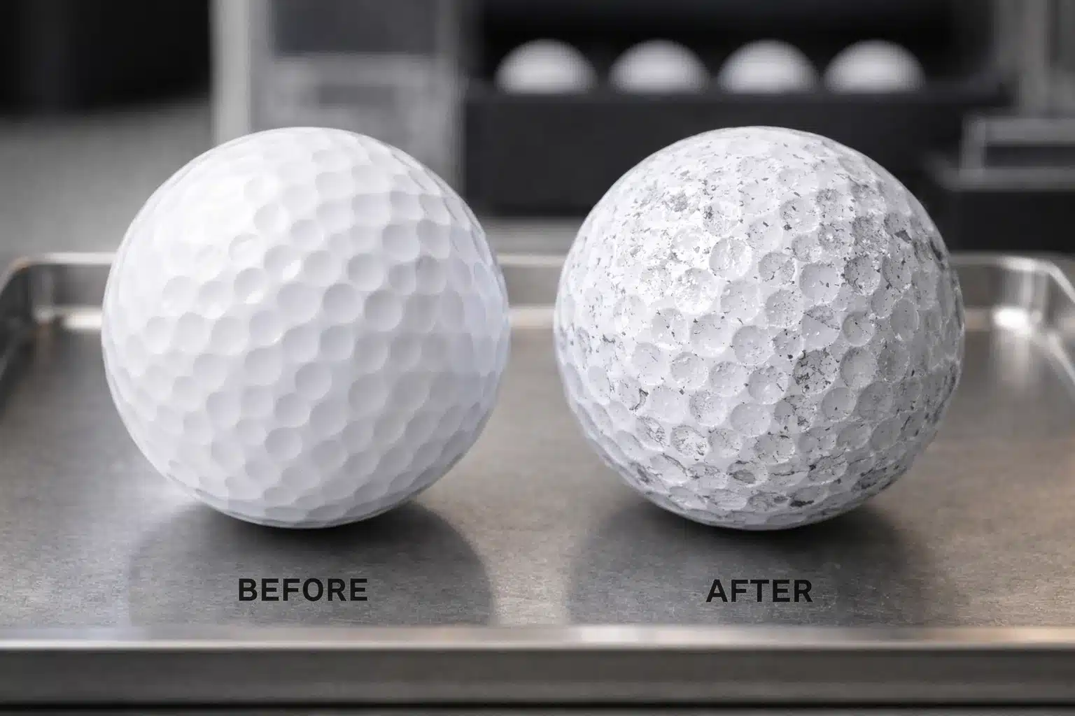golf balls quality control golf balls before and after durability test on metal tray for manufacturer quality control