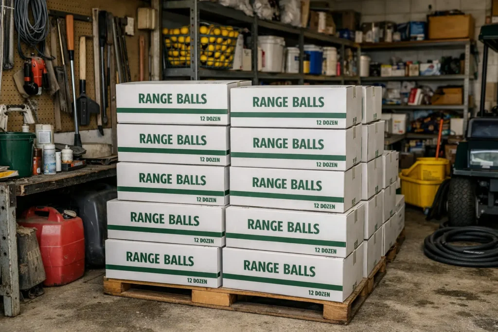 range golf ball cartons on pallet in warehouse for bulk wholesale export