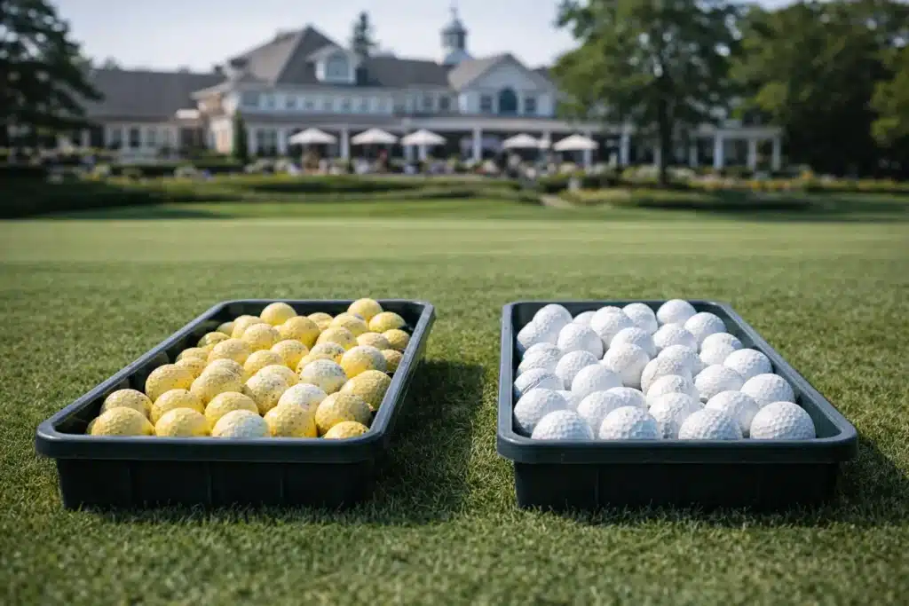 yellow and white range golf balls in trays on club grass for wholesale golf training