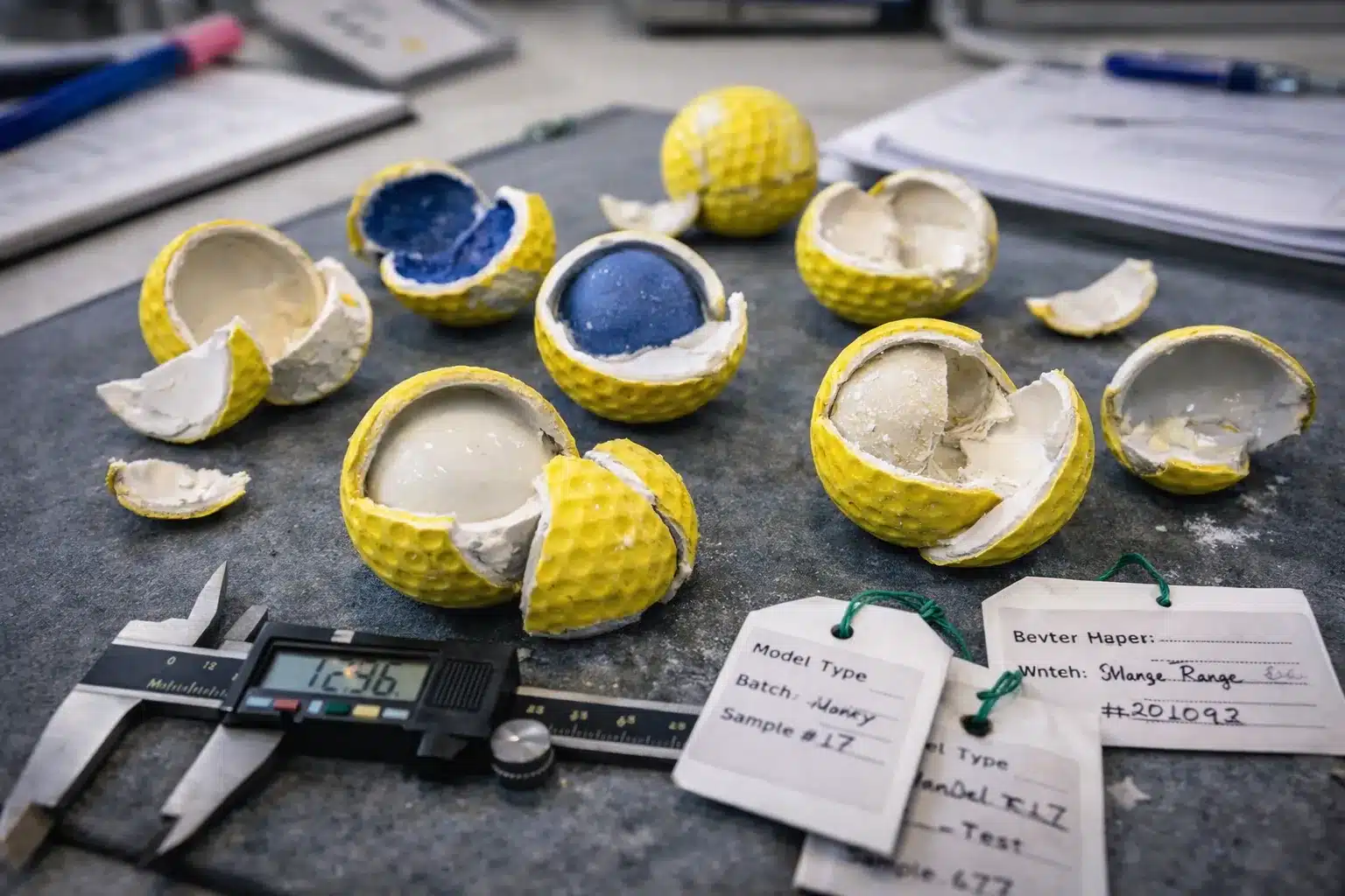 range balls quality control cutaway range golf balls on test bench for quality control and OEM review