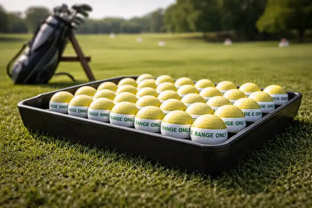 range golf balls in tray on grass for wholesale golf training