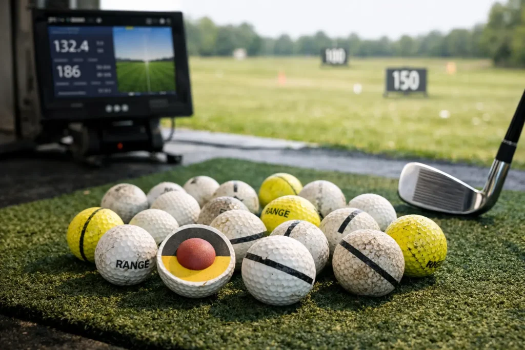 Range golf balls on practice mat with launch monitor for wholesale golf training buyers