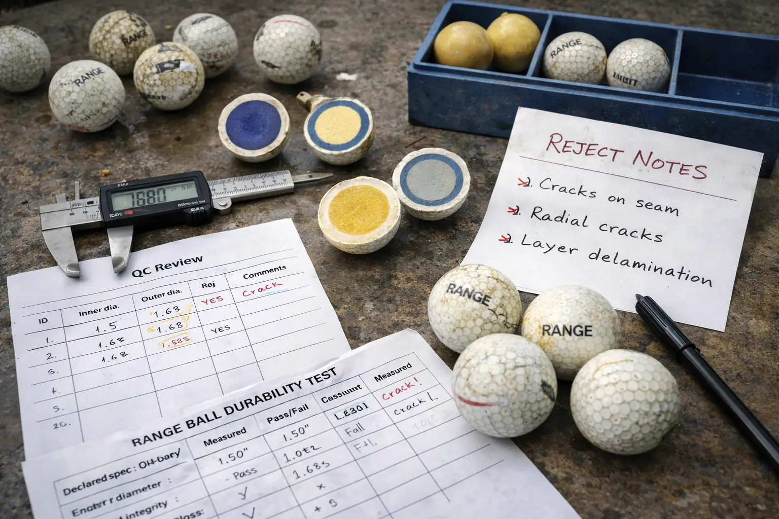 range balls quality control range golf ball quality inspection with cut samples and reject notes