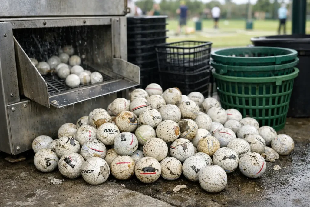 used range golf balls at washing machine with baskets for bulk training supply